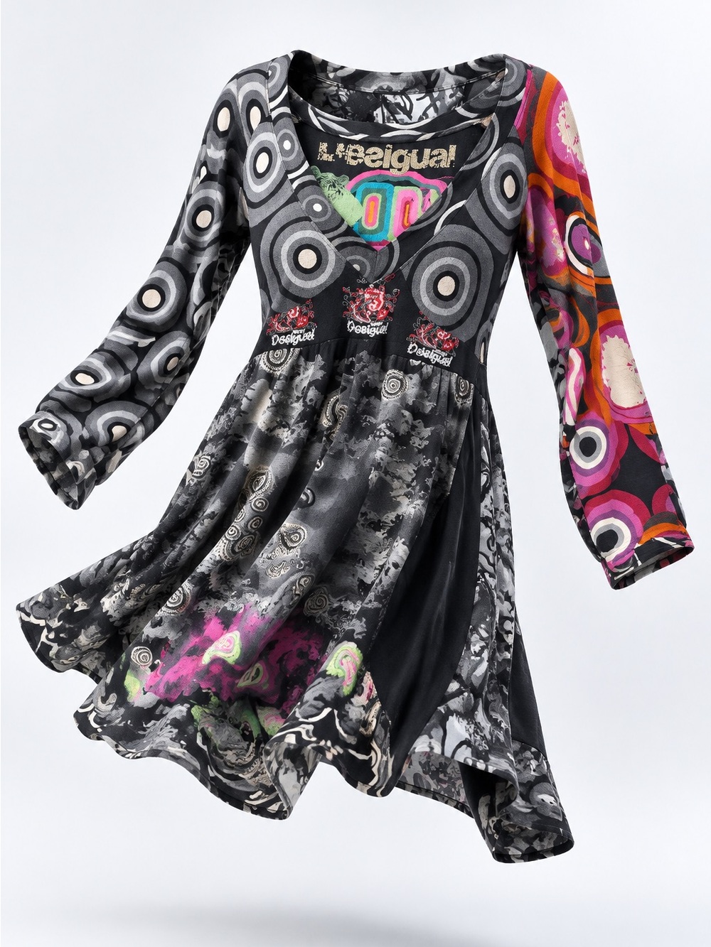 Desigual Black Dress with Multicolor Pink & Orange Accents